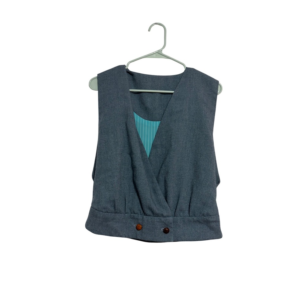 Vintage Wrap Front Cropped Vest Slate Blue Teal Pinstripe Lining Woven Buttons
